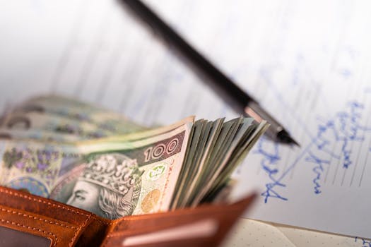 Obrazek dekoracyjny. Banknoty o nominale 100 zł wystające z portfela